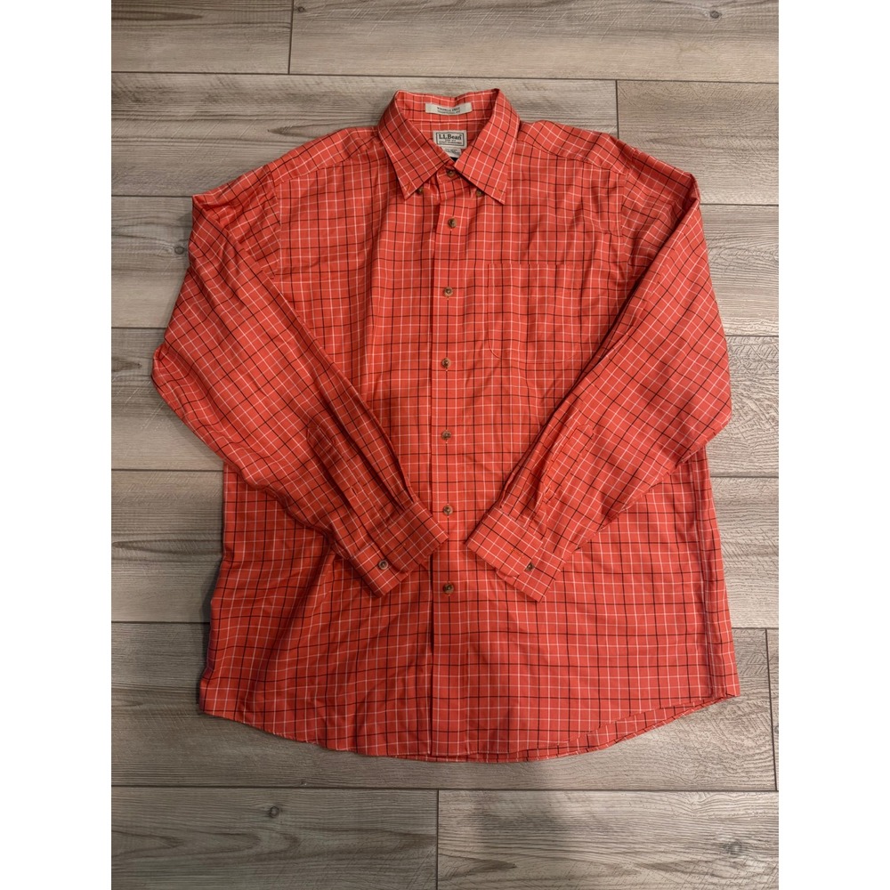 LL‎ Bean Mens Orange Blue Windowpane Plaid Wrinkle Free Cotton Shirt Large Reg
